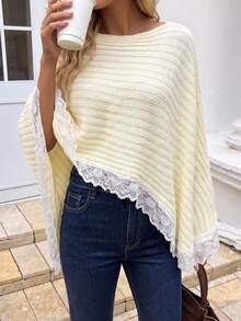 SHEIN Glamour Women's Boat Neck Contrast Lace Asymmetric Hem Sweater - White - View 8