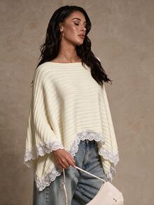 SHEIN Glamour Women's Boat Neck Contrast Lace Asymmetric Hem Sweater - White - View 5