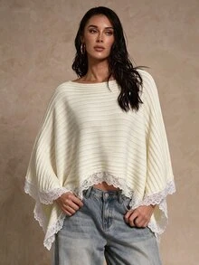 SHEIN Glamour Women's Boat Neck Contrast Lace Asymmetric Hem Sweater - White - View 1