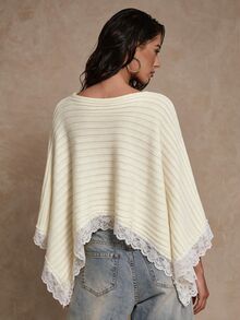 SHEIN Glamour Women's Boat Neck Contrast Lace Asymmetric Hem Sweater - White - View 2