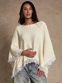 SHEIN Glamour Women's Boat Neck Contrast Lace Asymmetric Hem Sweater - White - View 6