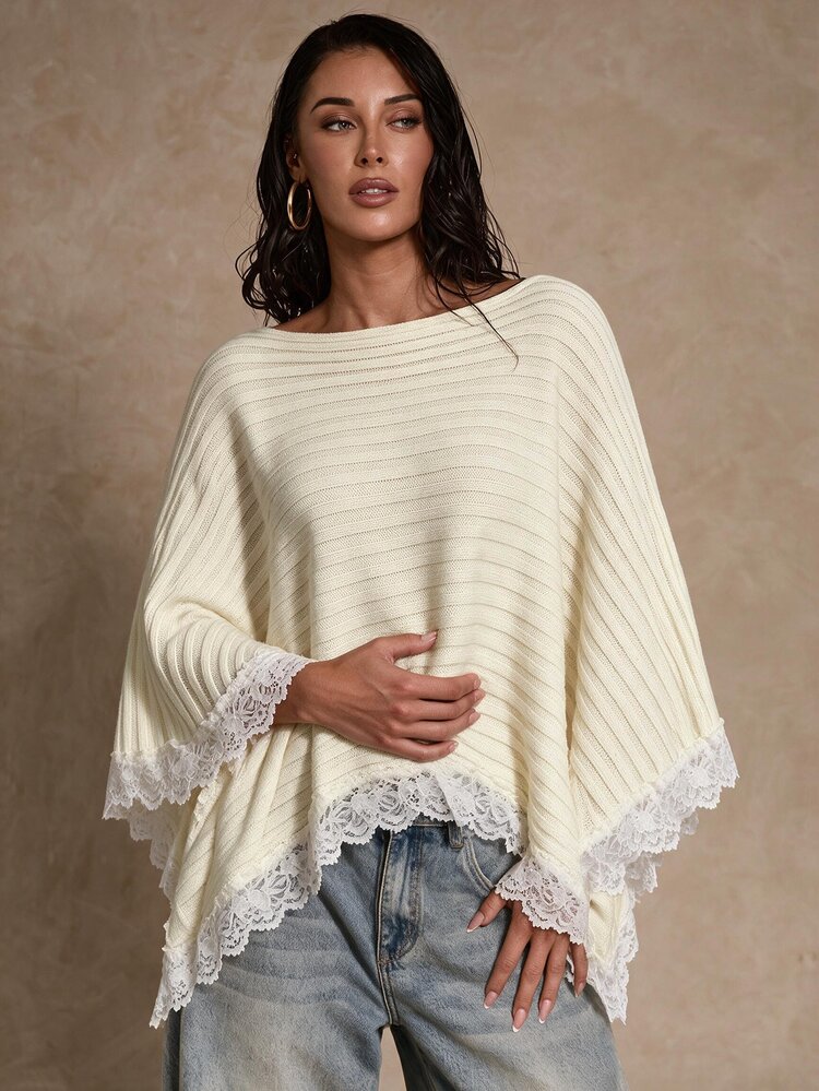 SHEIN Glamour 女款船領撞色蕾絲不對稱下擺針織衫 - 白色 - 查看 6