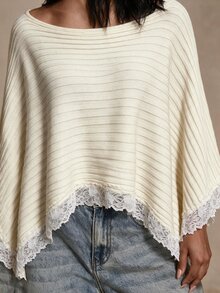 SHEIN Glamour Women's Boat Neck Contrast Lace Asymmetric Hem Sweater - White - View 3