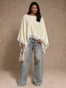 SHEIN Glamour Women's Boat Neck Contrast Lace Asymmetric Hem Sweater - White - View 7