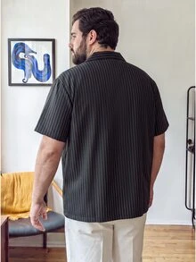 OlaMetro Men's Plus Size Summer Casual Striped Shirt - Black - View 2