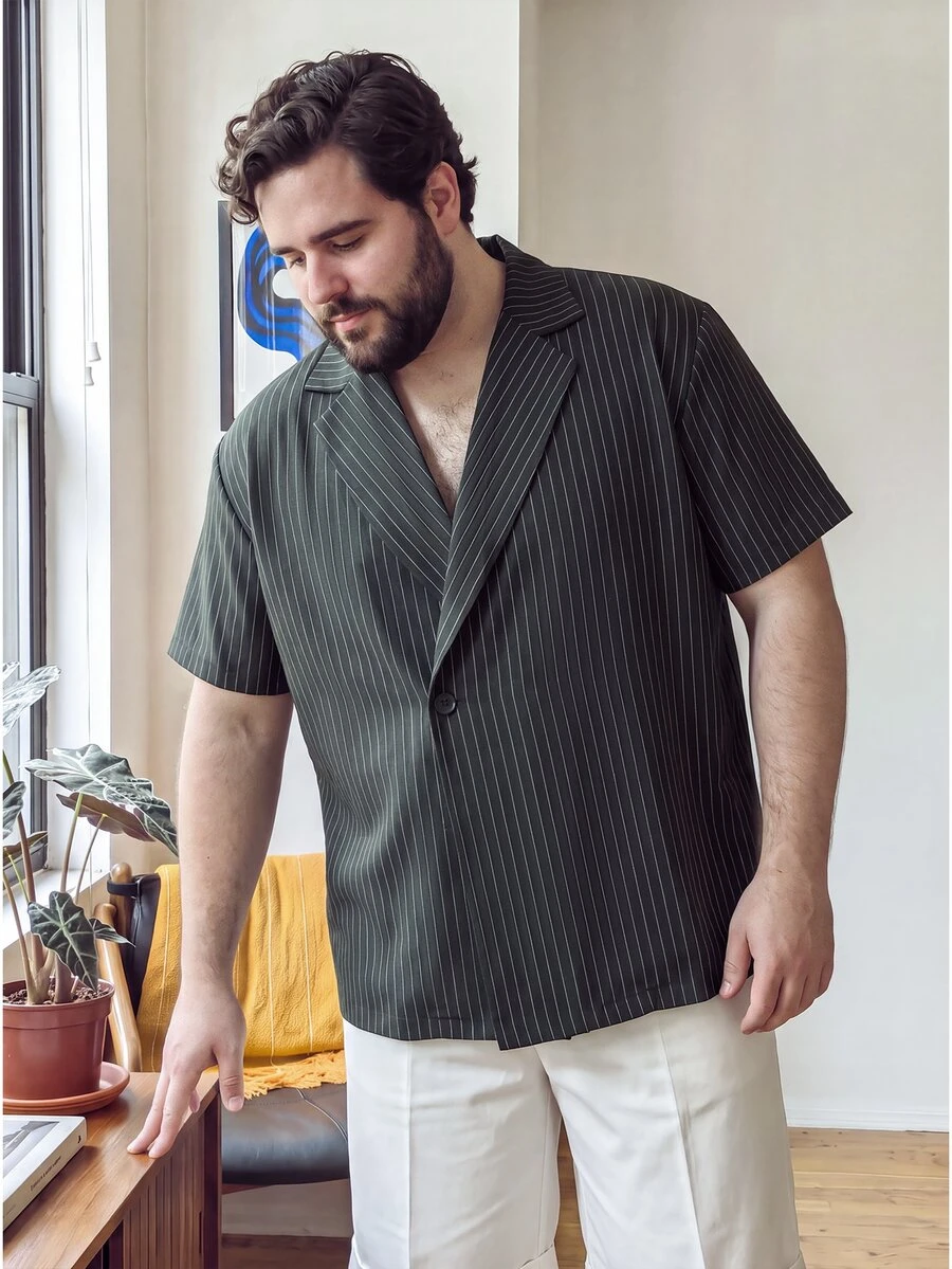 OlaMetro Men's Plus Size Summer Casual Striped Shirt - Black - View 1