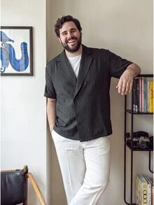 OlaMetro Men's Plus Size Summer Casual Striped Shirt - Black - View 3
