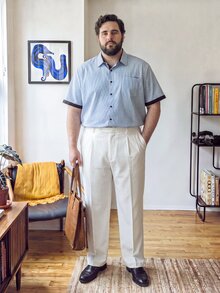 DRIVNCORE Men Plus Size Contrast Color Minimalist Short Sleeve Formal Shirt Casual Streetwear Summer Geometric Pattern , Ceremony - Blue and White - View 3