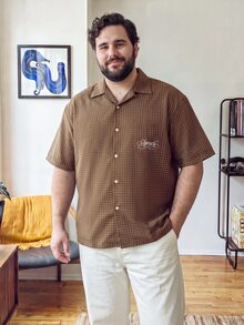 OlaMetro Men's Plus Size Plaid Letter Casual Versatile Daily Wear Brown Shirt - Brown - View 1