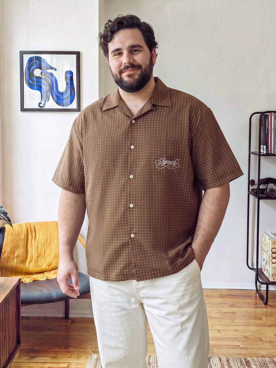 OlaMetro Men's Plus Size Plaid Letter Casual Versatile Daily Wear Brown Shirt - Brown - View 1