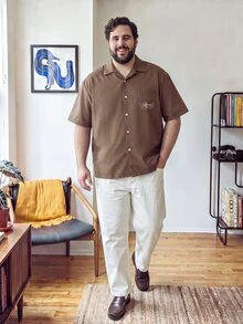 OlaMetro Men's Plus Size Plaid Letter Casual Versatile Daily Wear Brown Shirt - Brown - View 3