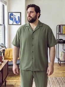 DRIVNCORE Men's Plus Size Shirt Set, Bubble Crinkle Fabric Lapel Collar Short Sleeve + Drawstring Pants Set, Vacation Gatherings, Olive Green Summer Casual - Army Green - View 1