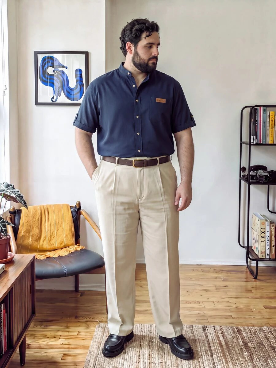 OlaMetro Men's Plus Size Fashionable Minimalist Solid Color Loose Casual Short Sleeve Outing Shirt, Classic Personalized Solid Stripe Texture Stand Collar, Contrast Color Buttons, Commuter Street Style Summer T-Shirt - Navy Blue - View 1