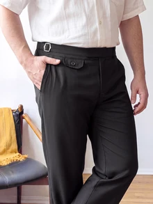 OlaMetro Plus Size Men's Solid Color Waist Buckle Design Pocket Wide Leg Loose Pants Men Wide Leg Pants Men's Loose Pants Black Pants Men - Black - View 3