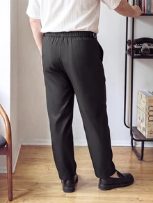 OlaMetro Plus Size Men's Solid Color Waist Buckle Design Pocket Wide Leg Loose Pants Men Wide Leg Pants Men's Loose Pants Black Pants Men - Black - View 2