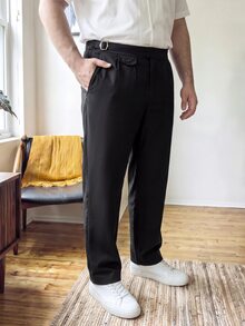 OlaMetro Plus Size Men's Solid Color Waist Buckle Design Pocket Wide Leg Loose Pants Men Wide Leg Pants Men's Loose Pants Black Pants Men - Black - View 1