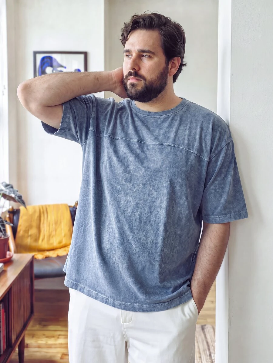 OlaMetro Men's Plus Size Summer Casual Washed Short Sleeve T-Shirt - Blue - View 1