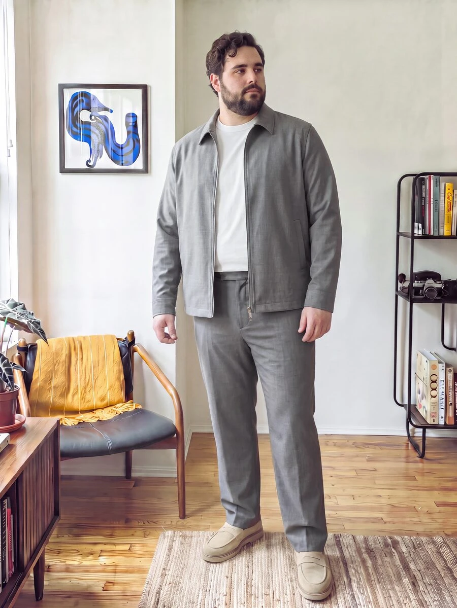 DRIVNCORE Plus Size Men's Casual 2 Pieces Grey Outfit,Autumn Zip-Up Jacket And Pants Set,Solid Color Simple Co-Ord Set,Dress Leisure Suits For Commute,Outdoor - Grey - View 1