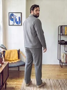 DRIVNCORE Plus Size Men's Casual 2 Pieces Grey Outfit,Autumn Zip-Up Jacket And Pants Set,Solid Color Simple Co-Ord Set,Dress Leisure Suits For Commute,Outdoor - Grey - View 2