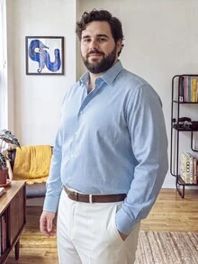 OlaMetro Men Plus Size All-Over Print Long Sleeve Single-Breasted Shirt, Summer Casual Business Office Fashion Light Blue Graphic Designer Top, Ceremony - Baby Blue - View 3