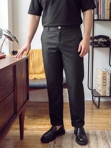 OlaMetro Manfinity Plus Size Men's Suit Pants,Black,Summer,Smart Casual,Work Business Casual Waist Rivet Design Versatile Straight Leg Trousers,Formal Gift - Black - View 1