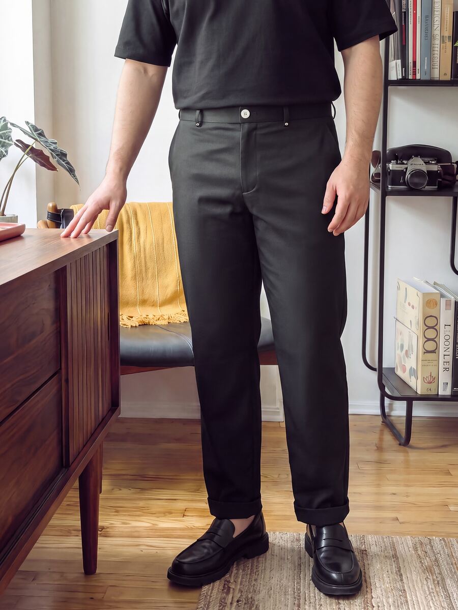 OlaMetro Manfinity Plus Size Men's Suit Pants,Black,Summer,Smart Casual,Work Business Casual Waist Rivet Design Versatile Straight Leg Trousers,Formal Gift - Black - View 1