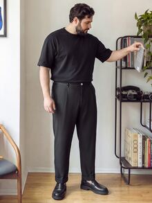 OlaMetro Manfinity Plus Size Men's Suit Pants,Black,Summer,Smart Casual,Work Business Casual Waist Rivet Design Versatile Straight Leg Trousers,Formal Gift - Black - View 3
