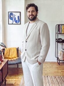 OlaMetro 男士大尺碼單排釦商務休閒西裝外套，米色，正式，儀式 - 杏色 - 查看 3