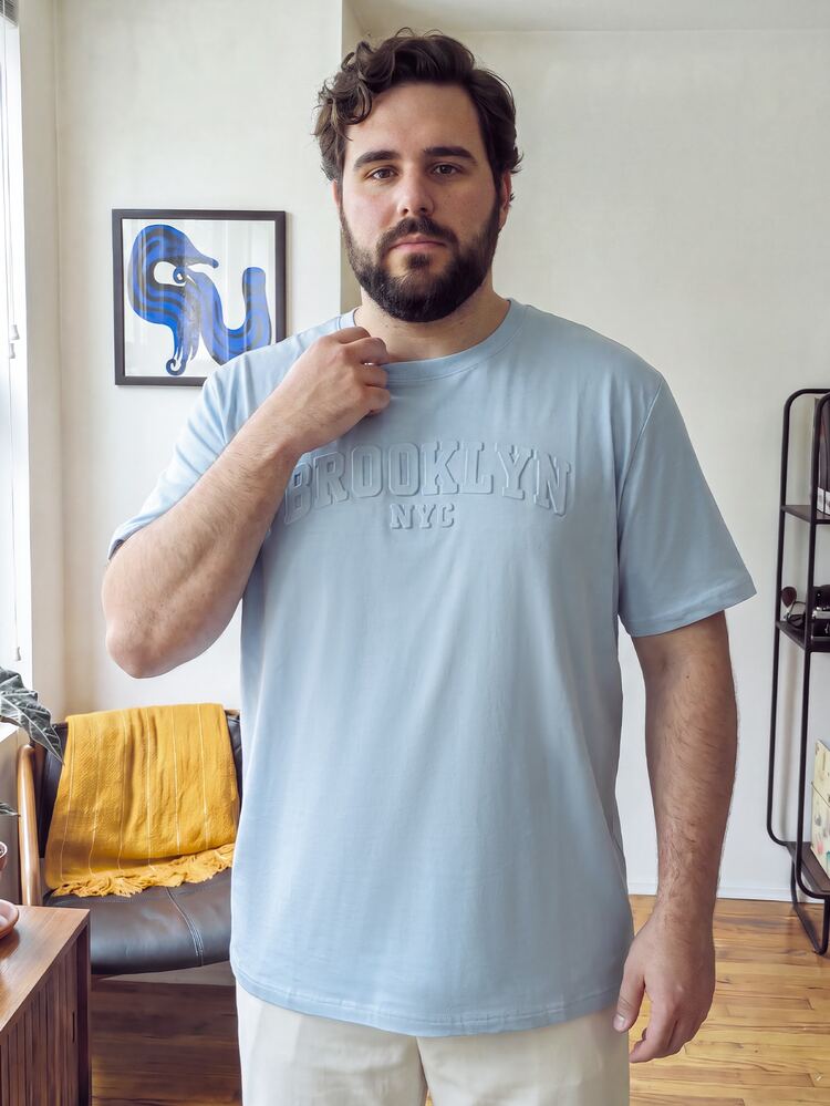 OlaMetro Plus Size Men's Casual Letter Embossed Short Sleeve T-Shirt, Summer - Baby Blue - View 1