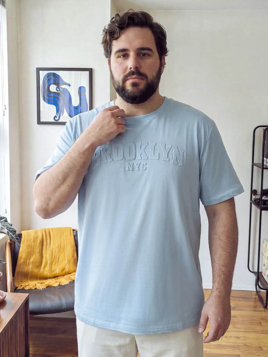 OlaMetro Plus Size Men's Casual Letter Embossed Short Sleeve T-Shirt, Summer - Baby Blue - View 1