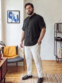 OlaMetro Plus Size Men's Casual Solid Color Short Sleeve Shirt For Summer, Holiday - Black - View 3