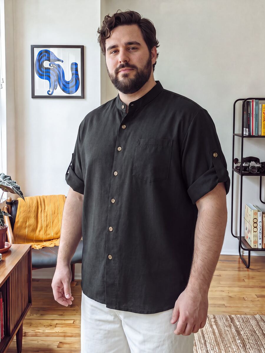 OlaMetro Plus Size Men's Casual Solid Color Short Sleeve Shirt For Summer, Holiday - Black - View 1