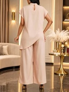 SHEIN Lady Women's Floral Print Stand Collar Asymmetric Hem Blouse And Wide Leg Pants Casual Elegant Mature 2 Pieces Set Dinner Party Beige Summer - Khaki - View 2
