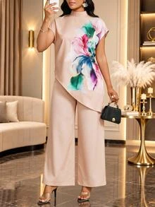 SHEIN Lady Women's Floral Print Stand Collar Asymmetric Hem Blouse And Wide Leg Pants Casual Elegant Mature 2 Pieces Set Dinner Party Beige Summer - Khaki - View 5