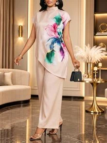 SHEIN Lady Women's Floral Print Stand Collar Asymmetric Hem Blouse And Wide Leg Pants Casual Elegant Mature 2 Pieces Set Dinner Party Beige Summer - Khaki - View 3