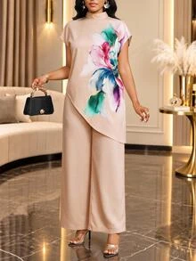 SHEIN Lady Women's Floral Print Stand Collar Asymmetric Hem Blouse And Wide Leg Pants Casual Elegant Mature 2 Pieces Set Dinner Party Beige Summer - Khaki - View 4