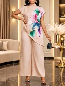 SHEIN Lady Women's Floral Print Stand Collar Asymmetric Hem Blouse And Wide Leg Pants Casual Elegant Mature 2 Pieces Set Dinner Party Beige Summer - Khaki - View 6