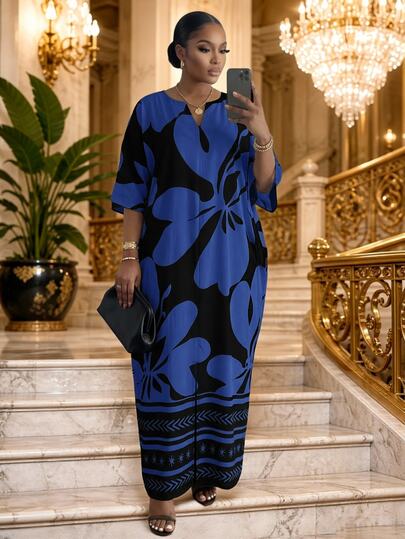 SHEIN Lady CURVE Plus Size Women's Elegant V-Neck Notched Print Short Sleeve Dress Vacation Black Summer