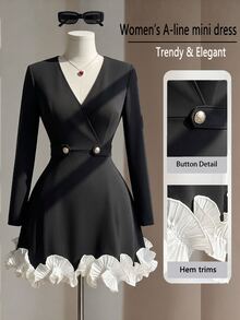 Fine & Folde Gaun Pendek Formal Mewah Elegan untuk Pesta Liburan Musim Gugur/Musim Dingin, Pernikahan, Perjalanan, Warna Beige Putih, Kombinasi Hitam dan Beige Putih - Hitam dan Putih - View 1