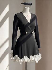 Fine & Folde Gaun Pendek Formal Mewah Elegan untuk Pesta Liburan Musim Gugur/Musim Dingin, Pernikahan, Perjalanan, Warna Beige Putih, Kombinasi Hitam dan Beige Putih - Hitam dan Putih - View 4