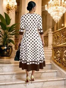 SHEIN Lady CURVE Plus Size Round Neck Short Sleeve Polka Dot Striped Pleated Dress Office Party Evening All White Summer 1920 Vintage Elegant 1920s - Brown - View 5