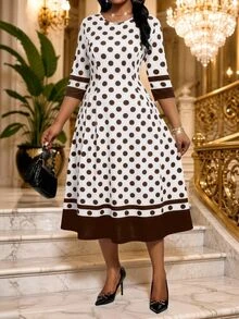 SHEIN Lady CURVE Plus Size Round Neck Short Sleeve Polka Dot Striped Pleated Dress Office Party Evening All White Summer 1920 Vintage Elegant 1920s - Brown - View 3