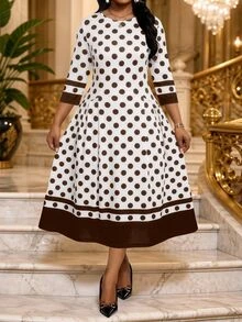 SHEIN Lady CURVE Plus Size Round Neck Short Sleeve Polka Dot Striped Pleated Dress Office Party Evening All White Summer 1920 Vintage Elegant 1920s - Brown - View 2