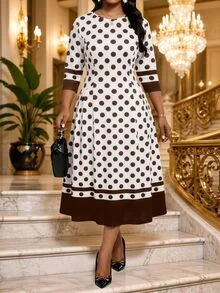 SHEIN Lady CURVE Plus Size Round Neck Short Sleeve Polka Dot Striped Pleated Dress Office Party Evening All White Summer 1920 Vintage Elegant 1920s - Brown - View 4