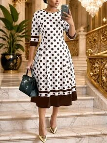 SHEIN Lady CURVE Plus Size Round Neck Short Sleeve Polka Dot Striped Pleated Dress Office Party Evening All White Summer 1920 Vintage Elegant 1920s - Brown - View 1