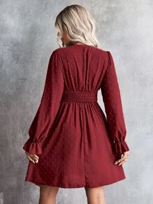 SHEIN 圓點抽褶腰荷葉袖連衣裙 - 紅色 - 查看 2