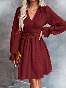 SHEIN 圓點抽褶腰荷葉袖連衣裙 - 紅色 - 查看 4