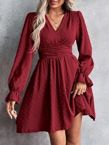 SHEIN 圓點抽褶腰荷葉袖連衣裙 - 紅色 - 查看 3