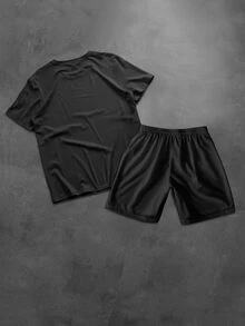 NEOREFINED 2 件男士休闲宽松短袖 T 恤和抽绳短裤套装 - 黑色 - 查看 4