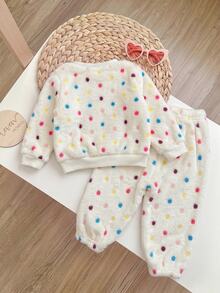 SHEIN Set Pakaian Santai Bayi Perempuan Lucu Motif Polkadot Lembut Bordir untuk Musim Gugur dan Musim Dingin - Putih - View 2
